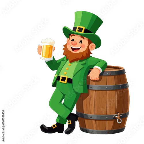 Cheerful leprechaun with beer mug leaning on wooden barrel.