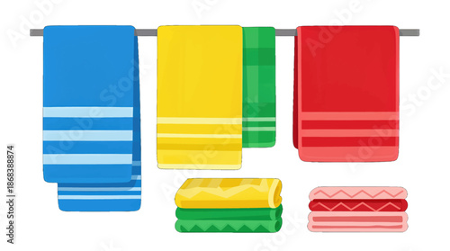 Colorful towels hanging on a rack with folded towels below