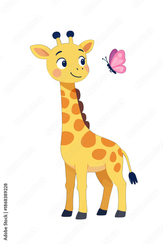 Obraz premium Cute Cartoon Giraffe With Pink Butterfly