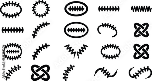 Set of abstract stitch and seam icons showing sewing, embroidery, repair, and textile patterns, black flat vector illustration for tailoring, fashion design, and craft projects