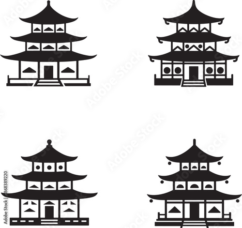Four black and white pagoda building with different window