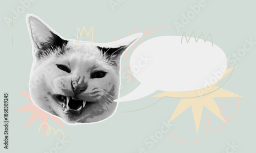 Halftone funky cat face with an expressive snarl, surrounded by doodles elements and a blank speech bubble on a pastel background