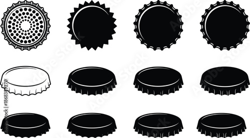 Set of black and white bottle cap silhouettes and crown caps, flat vector icons for packaging design, beverage branding, recycling, and graphic illustration projects