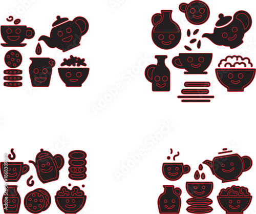 Red outlined black kitchenware and food