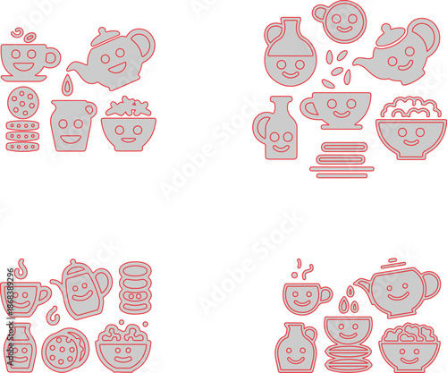 Red outlined kitchenware and food with smiling faces
