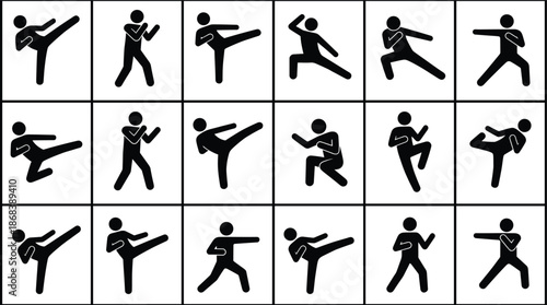 Set of martial arts fighting pose silhouettes showing karate and taekwondo kicks, combat action icons for training, fitness illustration, self defense, and graphic design projects