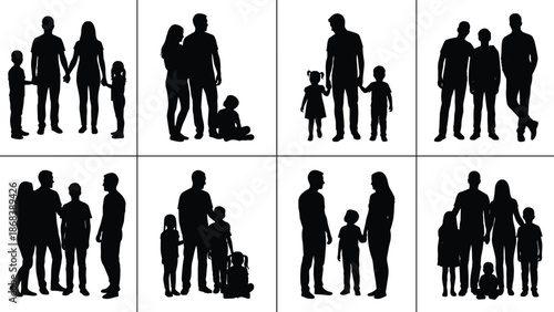 Set of family silhouettes showing parents and children in different poses, black vector illustration for family concept, parenting, relationships, lifestyle, and graphic design projects