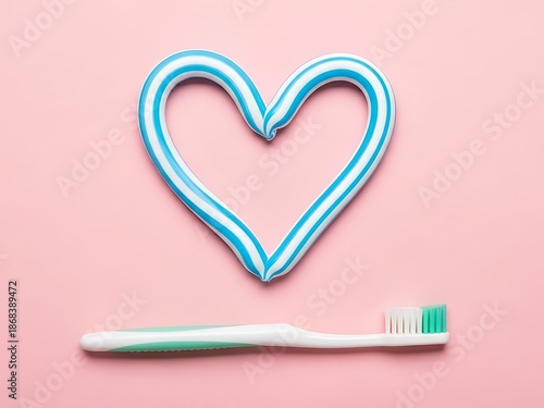 Heart shape made from striped toothpaste with toothbrush on pink background