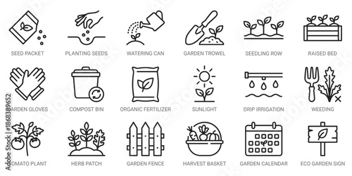 Gardening icons, linear set with seed packet, watering can, trowel, gloves, and plants in minimal black line style for agriculture, horticulture, and eco farming designs