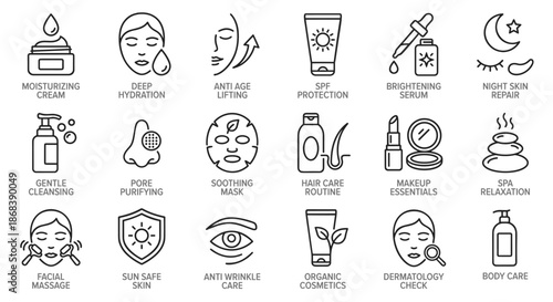 Skincare and beauty icons including moisturizing cream, serum, face mask, and sun protection for dermatology and cosmetic branding