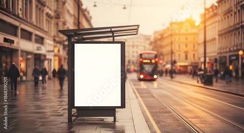 A city street scene featuring a blank billboard and passing red bus