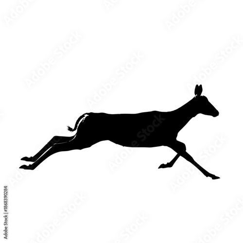 Graceful silhouette of a deer leaping across a white background.