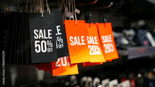 Eye-catching black and vibrant orange retail price tags prominently display significant discount offers like fifty percent off and twenty percent off during seasonal promotions.