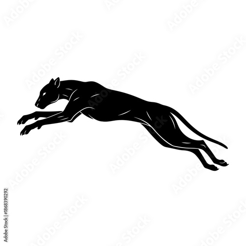 Elegant Black Panther Leaping Across White Background, Powerful Silhouette.