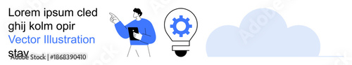 Innovation, cloud computing, data management, technology, business strategy, problem solving. Person pointing to text and lightbulb with gear. Innovation and cloud computing concept