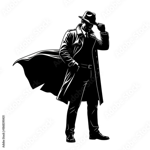 Mysterious Detective in Trench Coat and Fedora, Silhouette Illustration.