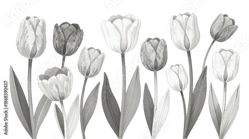 Group of White Tulips with Green Leaves