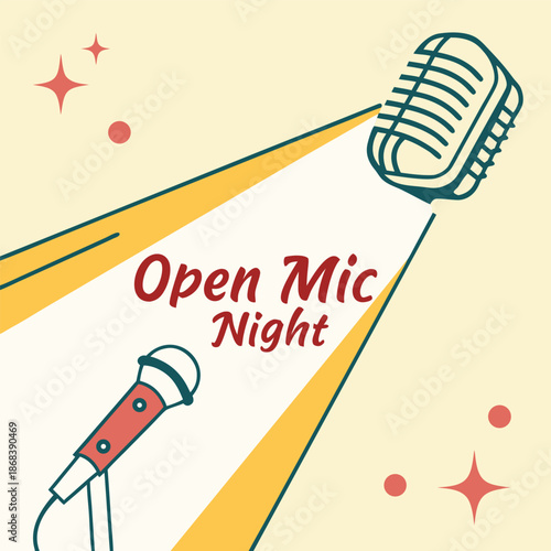 A vibrant illustration of a microphone on a bright yellow background with red accents and text that reads open mic night