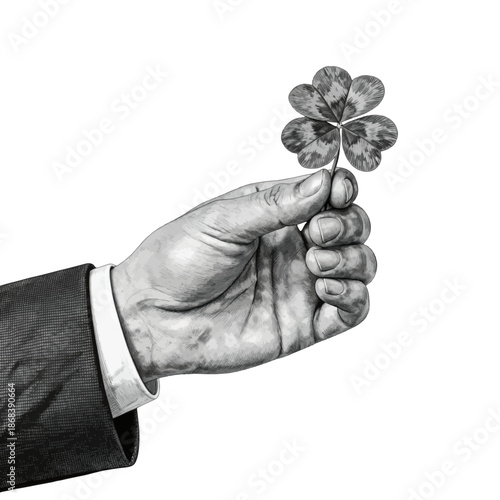 Hand in suit holding four-leaf clover.
