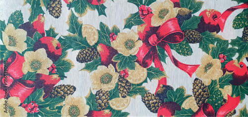 Christmas ornament with pine cones, a red bow, flowers, and fir branches. Christmas print on fabric, paper, packaging design, and background.