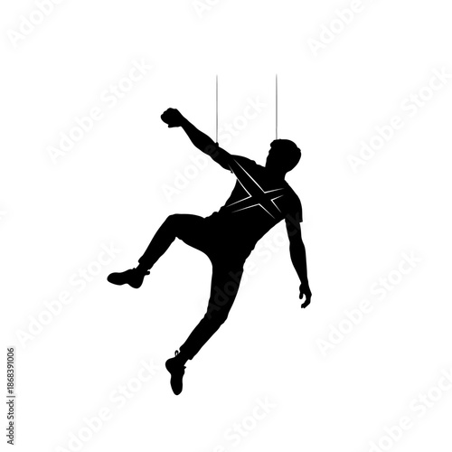 Silhouette of a man hanging from ropes, artistic expression.