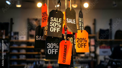 Brightly colored sale and clearance price tags showing significant discounts like 50 percent off and 20 percent off hanging prominently in a retail clothing store environment.