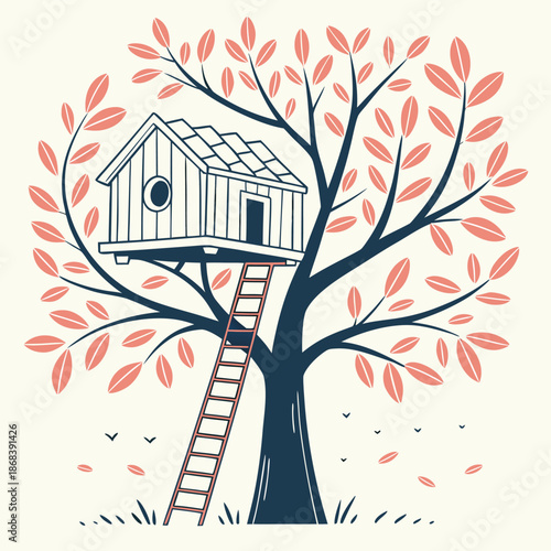 A whimsical treehouse with a ladder on a tree with pink leaves