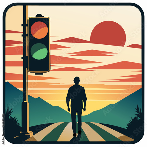 Man walking at sunset near traffic light