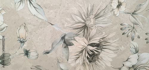 Floral patterns and leaves on a white background. Floral ornament wallpaper or fabric. Wallpaper texture with flowers and leaves.