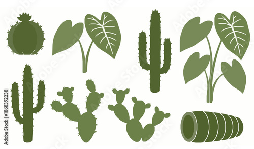 Minimal cactus and taro plant silhouette vector set transparent