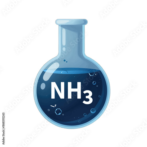 Round glass flask with blue ammonia solution labeled NH3.