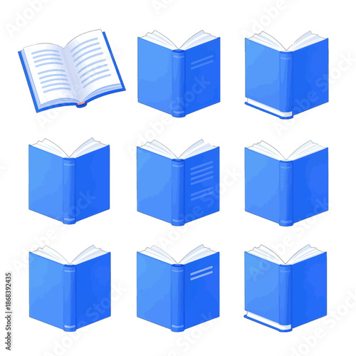 Set of blue hardcover books in various positions