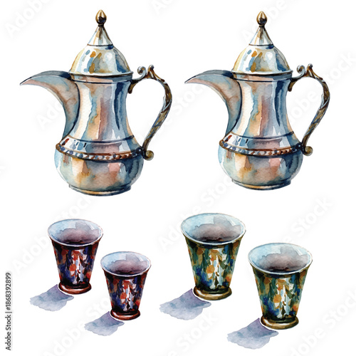 Watercolor set of four traditional Arabic coffee pots and cups on white background