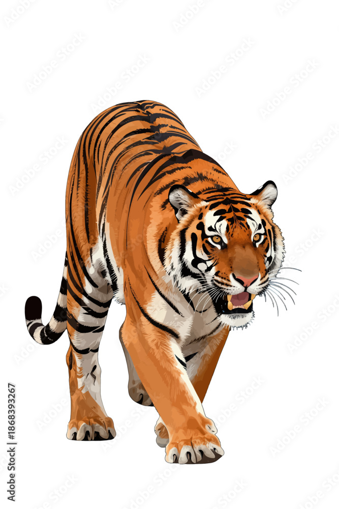 Obraz premium Striking tiger in mid-stride with intense expression.