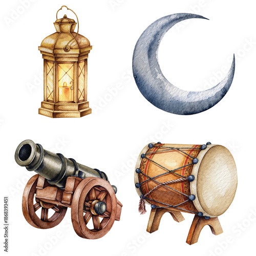 Watercolor set of four essential Ramadan symbols including lantern moon  and cannon on white