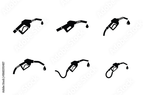 Vector gas pump nozzle silhouettes with dripping fuel drops