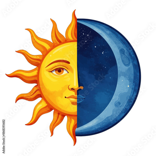Sun and Moon Face Illustration in Day and Night Design.