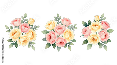 Three clusters of pink and yellow roses
