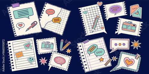 Set of torn paper. Notebook sheets and scraps of a notebook page with uneven edges. Vector design template in aged style.