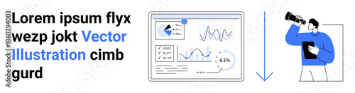 Business analysis, financial forecasting, market research, data visualization, reporting, exploration trends. Graphs, charts person with binoculars. Business analysis and financial forecasting