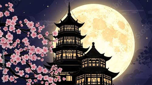 Chinese Pagoda under Full Moon and Flowers