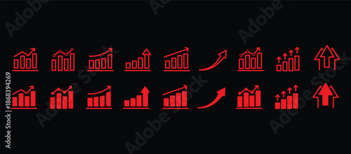Growth icon set. Containing arrow up, growing graph, business chart icons. Vector illustration.