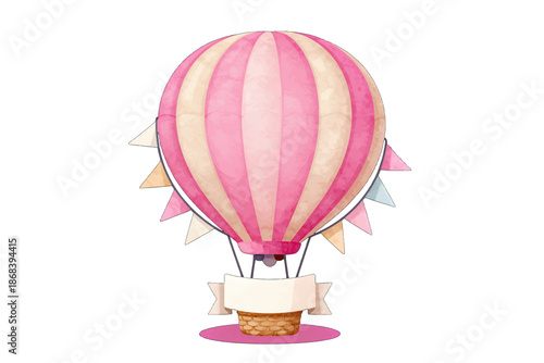 Whimsical pink and beige hot air balloon with bunting flags