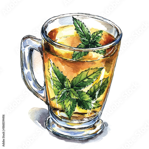 Traditional Moroccan mint tea glass watercolor painting with fresh leaves on white background
