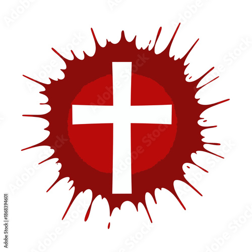 White Latin cross with red circular burst.