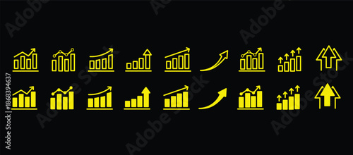 Growth icon set. Containing arrow up, growing graph, business chart icons. Vector illustration.