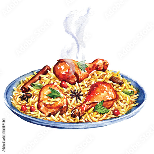 Flavorful chicken biryani rice dish watercolor illustration with spices on white