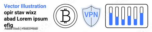 Bitcoin logo, VPN shield for cybersecurity, and bar chart for analytics. Ideal for finance, data security, virtual private networks, cryptocurrency, blockchain, online protection simple landing page