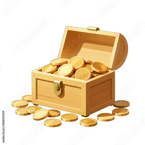 Wooden treasure chest filled with gold coins