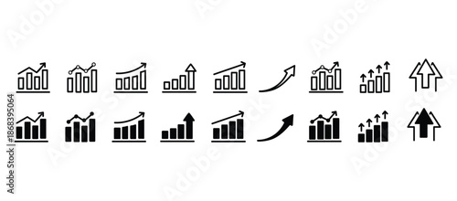Growth icon set. Containing arrow up, growing graph, business chart icons. Vector illustration.